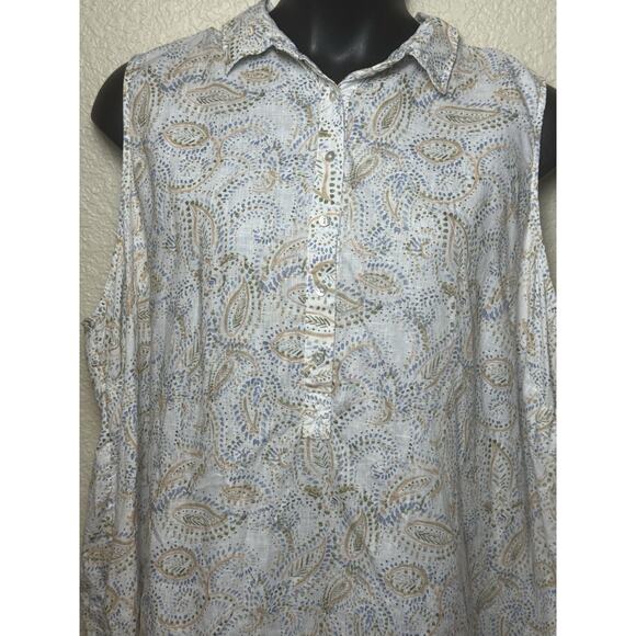 Rachel Ashwell 100% Linen Shirt Dress 3X Paisley Print White Green Blue Tan - Picture 6 of 10